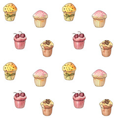 Seamless pattern with different cupcakes on a white isolated background. Watercolor and brown pen illustration. Sunny, funny and joyful background!