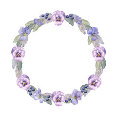 Wreath from violet pansies and blueberries on a white isolated background. Watercolor illustration. Cute and elegant artwork. 