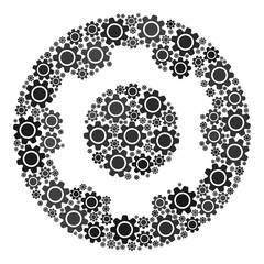 Repair service collage for cog. Round abstract cog collage is composed with scattered cogs. Engineering illustration in gray colors, flat style, circle shape.