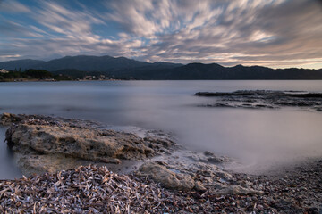 Sunset over the Gulf of Saint Florent, in the Mediterranean Sea. Corsica