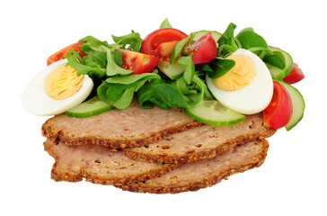 Thin slices of haslet meat with a fresh egg salad meal isolated on a white background, haslet is an English pork and herb meatloaf also sometimes called acelet