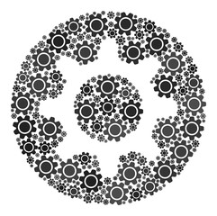 Workshop mosaic for cogwheel. Round abstract cogwheel mosaic is created from random gearwheels. Engineering illustration in gray colors, flat style, circle shape.
