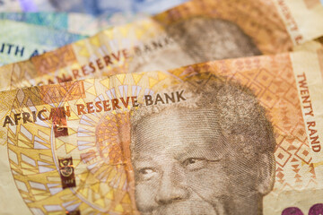 Obverse of South African Twenty 20 Rand ZAR banknotes with a portrait of Nelson Mandela.