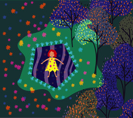 a cute little girl in a yellow dress is walking through the forest. summer abstract landscape. perfect for book illustrations