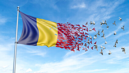 Romania flag on a pole turn to birds while waving against a blue sky background - 3D illustration.