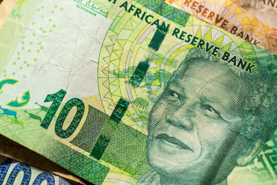 Obverse of South African ZAR banknotes of different denominations with the portrait of Nelson Mandela.