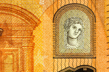 Close-up of the face of Europa on the security features of the new fifty 50 euro banknote.