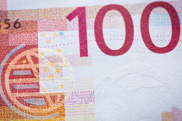 Close-up detail of the reverse side of the new Norwegian banknote series NOK One Hundred 100-krone note.