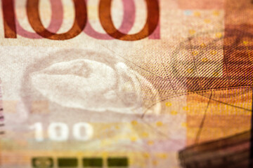 Macro detail of obverse side of the watermark of new Norwegian banknote series NOK One Hundred...