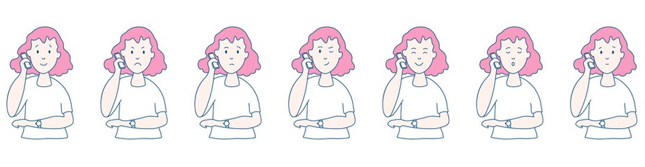 Different emotions. A woman is talking on the phone. Facial expressions. Joy, sadness, anger, conversation, funny, fear, smile. Vector illustration flat design. Cartoon.