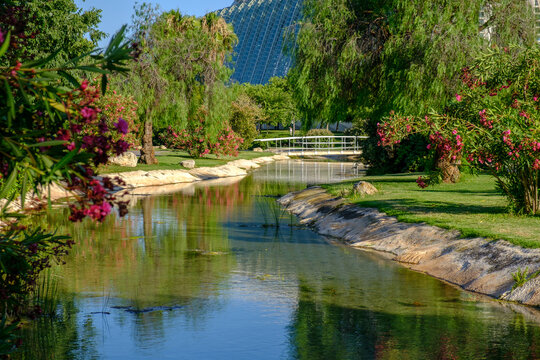 Valencia Garden in the old dry riverbed of the Turia river, water reflection. Beautiful park landscape leisure and sport area with trees grass