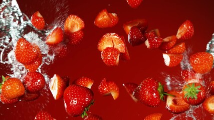 Super slow motion of falling strawberries with water splashes. Filmed on high speed cinema camera, 1000fps
