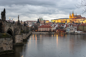 Prague night traditional panoramic cityscape in Europe Czech Republic. Old city for tourism