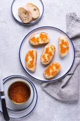 Baguette bread with red caviar