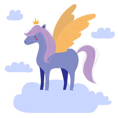 Cute pegasus with golden wings and a crown.. Print for t-shirts and clothes. Illustration for card. 