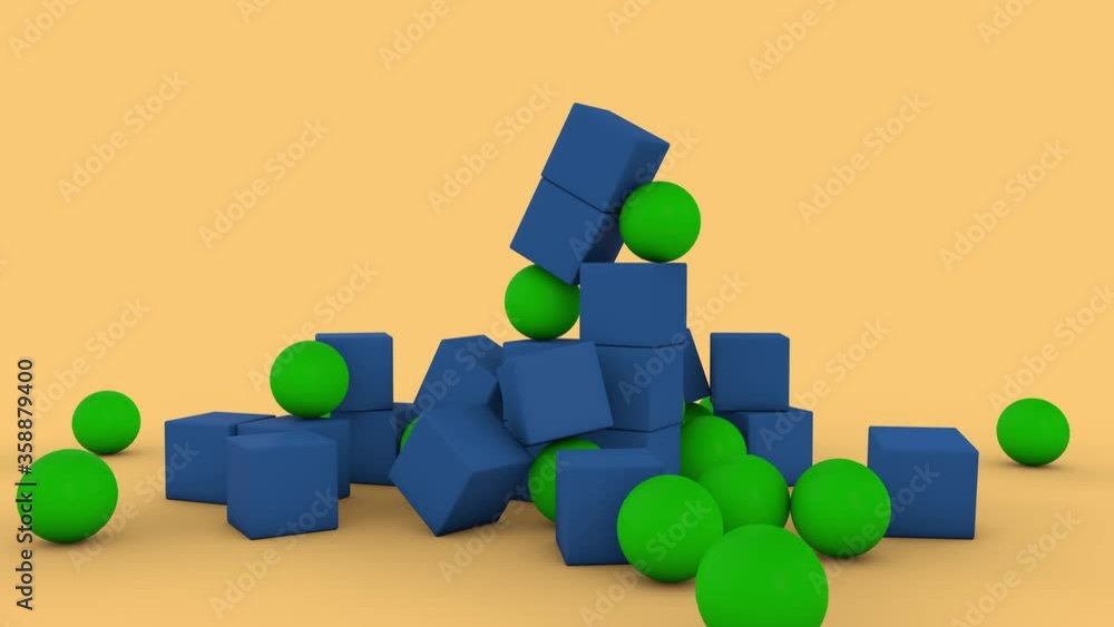 Poster 3d animation of a tower built from colored cubes. some cubes turn into spheres and the tower is dest