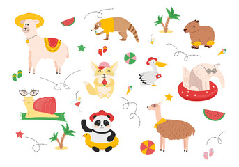 Illustration of animals on a summer vacation. A snail with glasses on the rug, a llama in a hat, a panda in a hat with a rubber ring, a guanaco with a ball, an anteater with a swimming circle