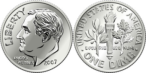 Roosevelt dime, United States one dime or 10-cent silver coin, President Franklin Roosevelt on obverse and olive branch, torch, oak branch on reverse - obrazy, fototapety, plakaty