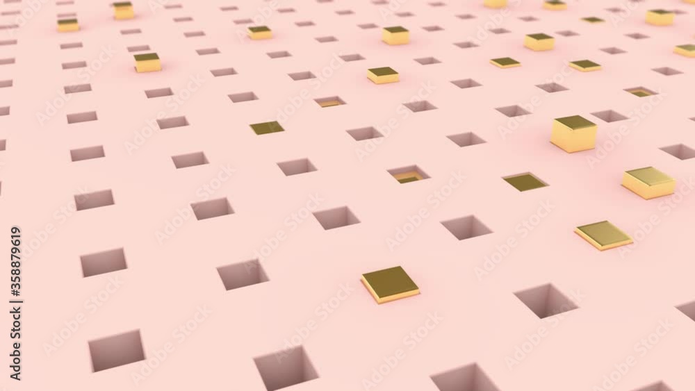 Poster 3d animation of a pink surface with square holes from which gold cubes pop out and turn into balls. 