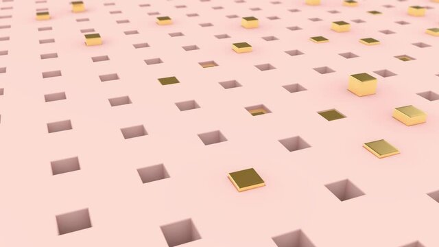3D animation of a pink surface with square holes from which gold cubes pop out and turn into balls. Abstract background.