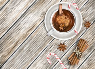 Rustic winter composition. Hot chocolate, cinnamon, candy cane, anise on brown wood background. Festive border frame. Top view, copy space