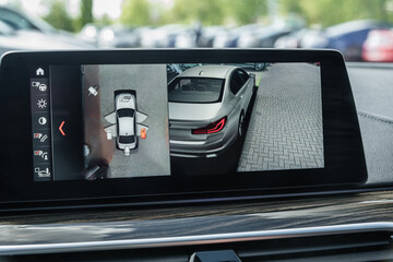 A park assistant and 360 camera, view from a back of a modern car