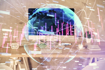 Fototapeta na wymiar Multi exposure of financial graph drawing and office interior background. Concept of market analysis.