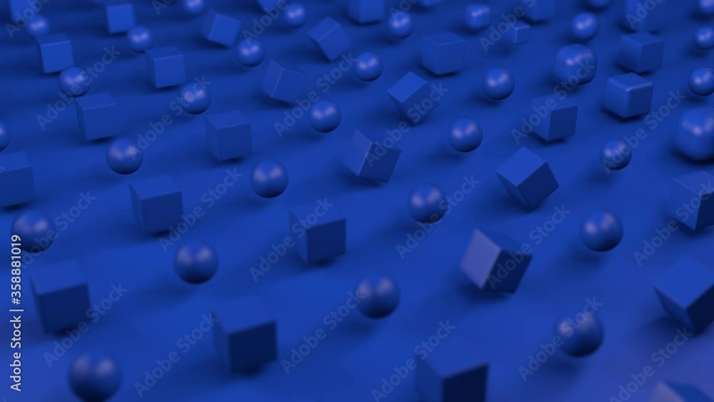 Poster 3d rendering of an abstract geometric background of many blue cubes and spheres that change shape an