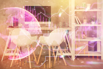 Multi exposure of stock market chart drawing and office interior background. Concept of financial analysis.