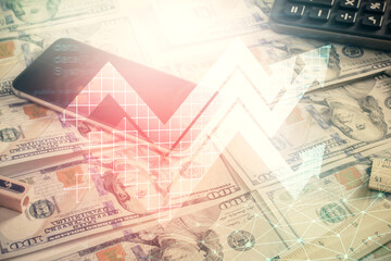 Double exposure of grow arrows drawing over usa dollars bill background. Concept of success.