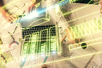 Double exposure of man and woman working together and education theme hologram drawing. Computer background.