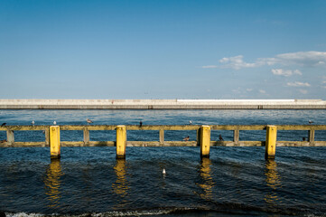 Naklejka premium Yellow fence in cold sea water of Baltic with a grey pier on the background