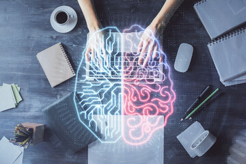 Double exposure of woman working on computer andhuman brain hologram drawing. Top View. Ai concept.