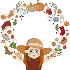 round frame on an autumn theme with a painted red-haired girl in a hat