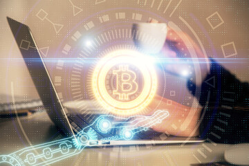 Double exposure of woman hands typing on computer and crypto market theme hologram drawing. Blockchain concept.