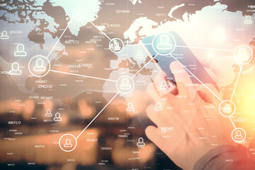 Double exposure of man's hands holding and using a phone and social network theme drawing.
