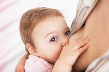 baby eats mother's breast. Lactation, breastfeeding concept.