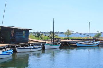 Traditional wooden boats at Bouzigues, a beautiful fishing village in the Bassin de Thau, Herault, France
