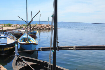 Fototapeta premium Traditional wooden boats at Bouzigues, a beautiful fishing village in the Bassin de Thau, Herault, France 