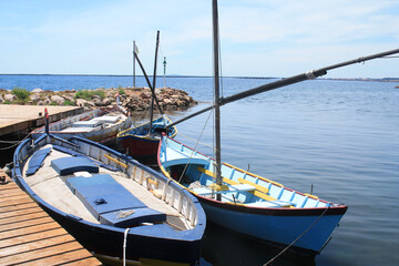 Fototapeta premium Traditional wooden boats at Bouzigues, a beautiful fishing village in the Bassin de Thau, Herault, France 