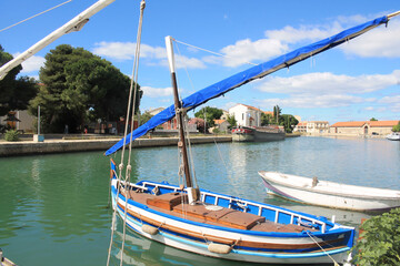 Naklejka na ściany i meble Traditional boats in Frontignan, a seaside resort in the Mediterranean sea, Herault, Occitanie, France 