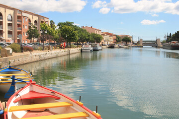 Fototapeta na wymiar Traditional boats in Frontignan, a seaside resort in the Mediterranean sea, Herault, Occitanie, France 