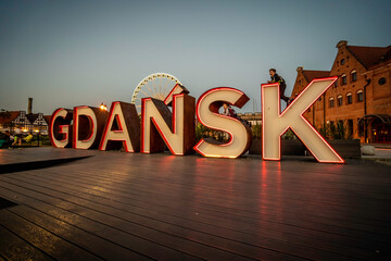 Gdansk at sunset. Island inscription