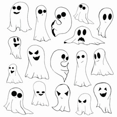 Halloween set on a white background. Funny cartoon ghosts in different poses.  Doodle style. Black and white illustration. Hand drawing.