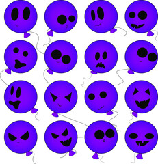 Set of round purple stickers with faces. Halloween balloons with different emotions: joy, curiosity, fear, surprise, horror, fun, sadness, happiness. Cartoon characters icons. Doodle style.