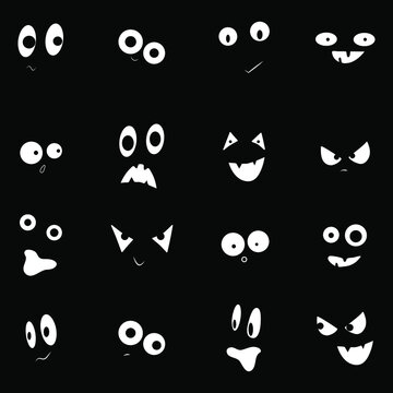 Set of cartoon faces on a black background. Different emotions for the constructor for Halloween: joy, curiosity, fear, surprise, horror, fun, sadness, happiness.