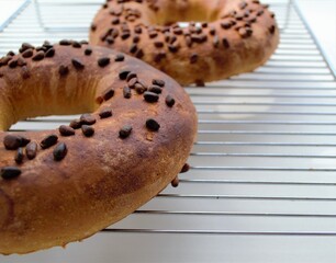 Artistic composition of homemade crispy bagels with pine nuts on a metal grill: one bagel close-up (focus is specially set to its center), the second is in the background (focus is blurred specially)