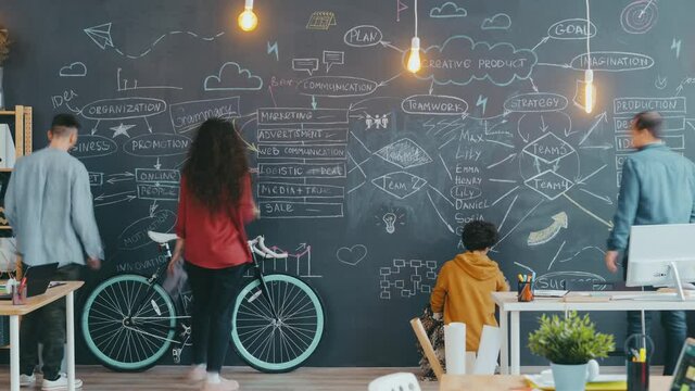 Zoom-in time lapse of creative team writing and drawing on blackboard wall, men and women are working at project together. People and workplace concept.