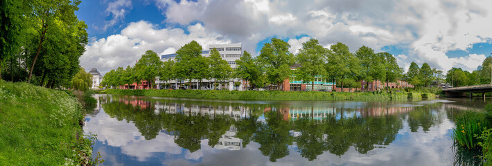 Panorama view of Rendsburg city lake, city theater and Jungfernstieg in Rendsburg