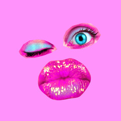 Fashion magazine style collage with crazy emotional funny lips and girl eyes. Girl mouth tongue and eyes close-up with lipstick makeup expressing emotions. Bright raspberry background.